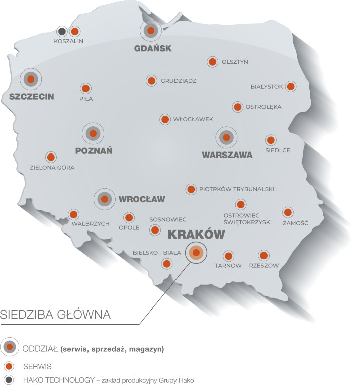 Mapa oddziałów Hako Polska